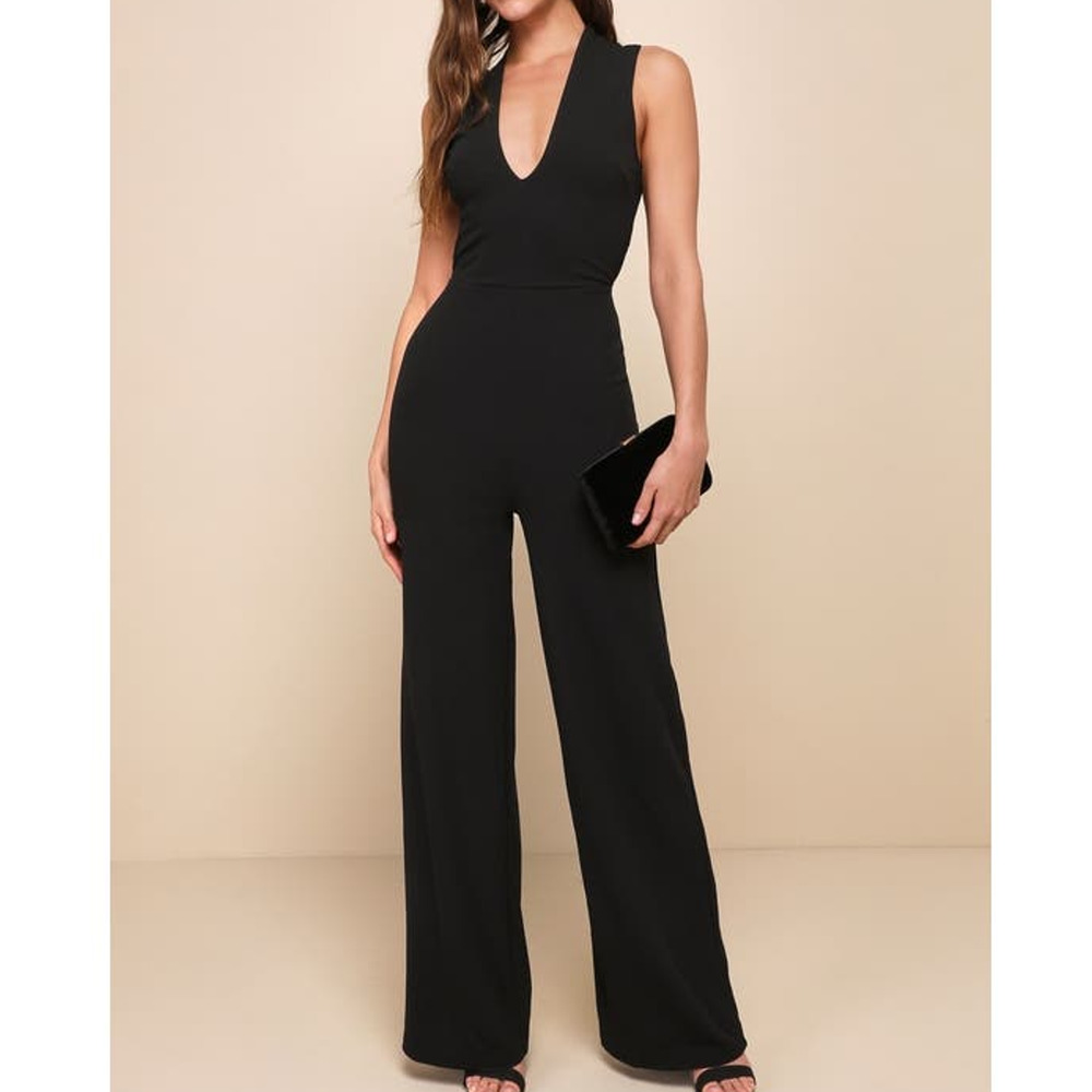 LULU'S SZ M Black Thinking Out Loud Sleeveless V-Neck Backless Jumpsuit NEW b54